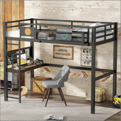 Loft Bed Frame With Desk, Storage Basket,Metal Loft Bed With Clock,And Charging Port