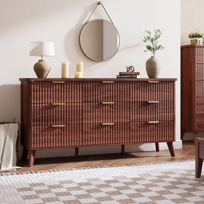 Commode cannelée 9 tiroirs, commode en bois de 60,6 po de largeur, plateau en faux marbre, rangement pour meuble télé, salon, noyer