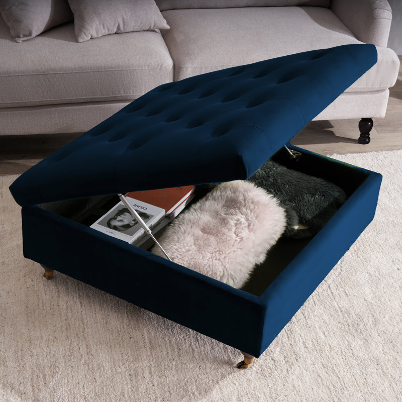 Agoura 93cm Wide Velvet Tufted Square Ottoman with Storage, Blue