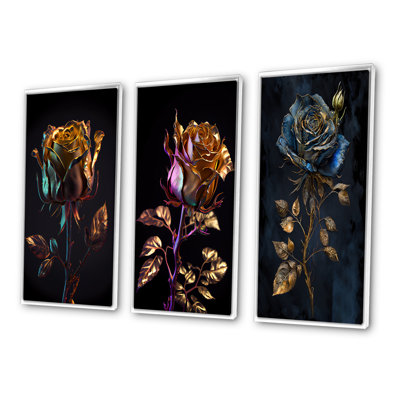 «Glam Golden Rose On Black», 3 pièces sur toile