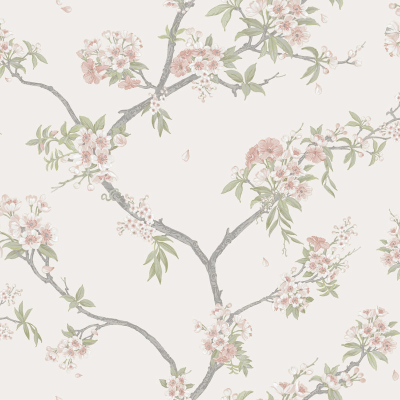 Papier peint cerisier rose et crème non collé, Rose / crème