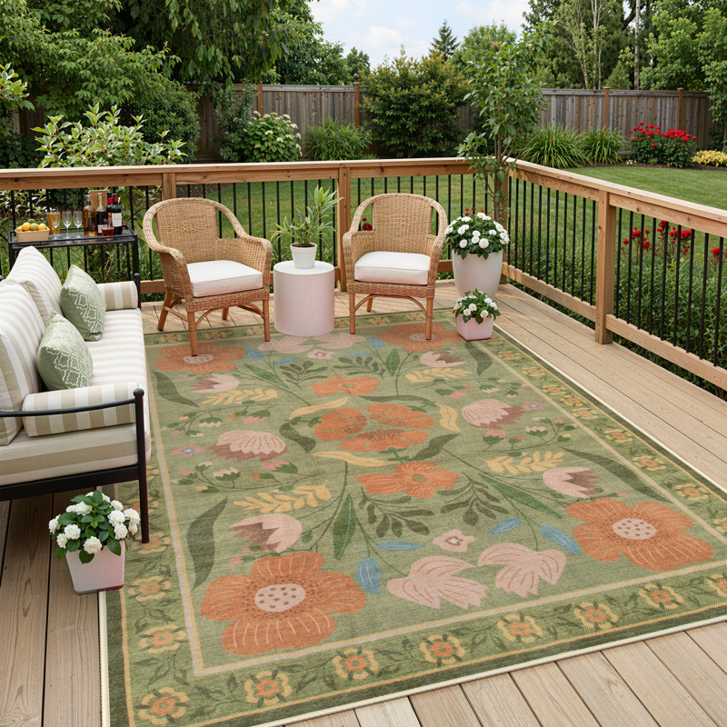 Washable American Countryside Floral 8X10 Green Outdoor Rug, Non Slip Quick-Dry Mesh Rug for Patio Deck Backyard, Green