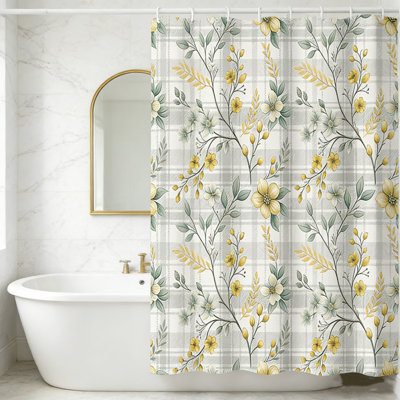 Plant Print Minimalist Bathroom Curtain, Machine Washable Spring Modern Shower Curtains, Waterproof Fabric Shower Curtain Set with Hooks, Modern Farmhouse Country Plant Leaves Bathroom Decor