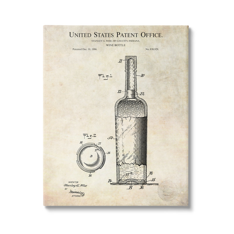 Schéma détaillé d'une bouteille de vin brevetée, L 24 po x H 24 po, Giclée encadrée noir minuit