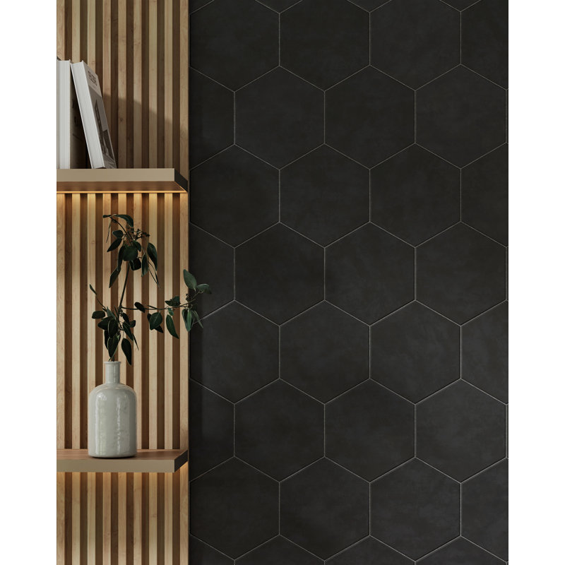 Nid d'abeille 9 po x 10 po Carreau de porcelaine hexagonal, Noir mat