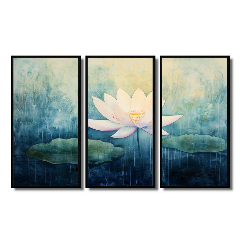 Addix - lot d'art mural lotus, Reproduction avec cadre flottant, Noir, H 28 po x l 36 po