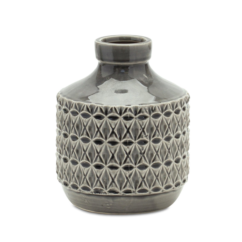 Gray Geometric Cylinder Terracotta Table Vase, 7.5" H x 6.25" W x 6.25" D