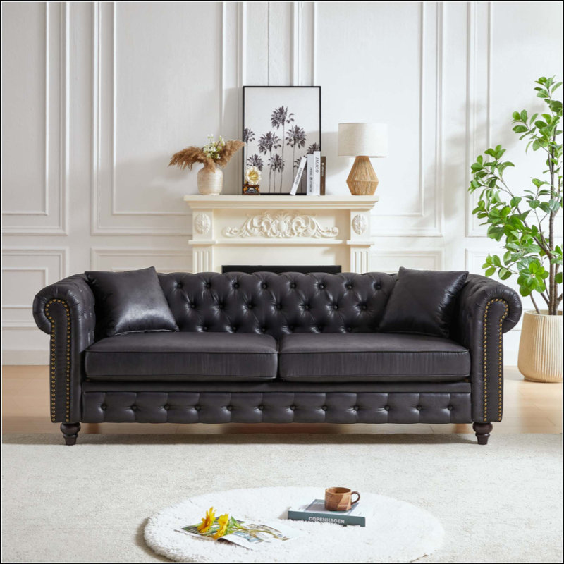 Canapé 3 places avec boutons et 2 coussins, 28.25" H x 85.5" W x 32.25" D, Noir