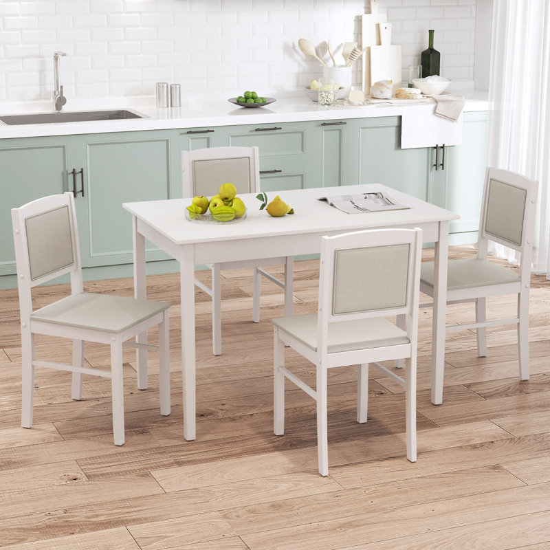 Ensemble de table de salle à manger 5 pièces pour 4 personnes avec dossier rembourré en bois d'hévéa, Blanc, Beige