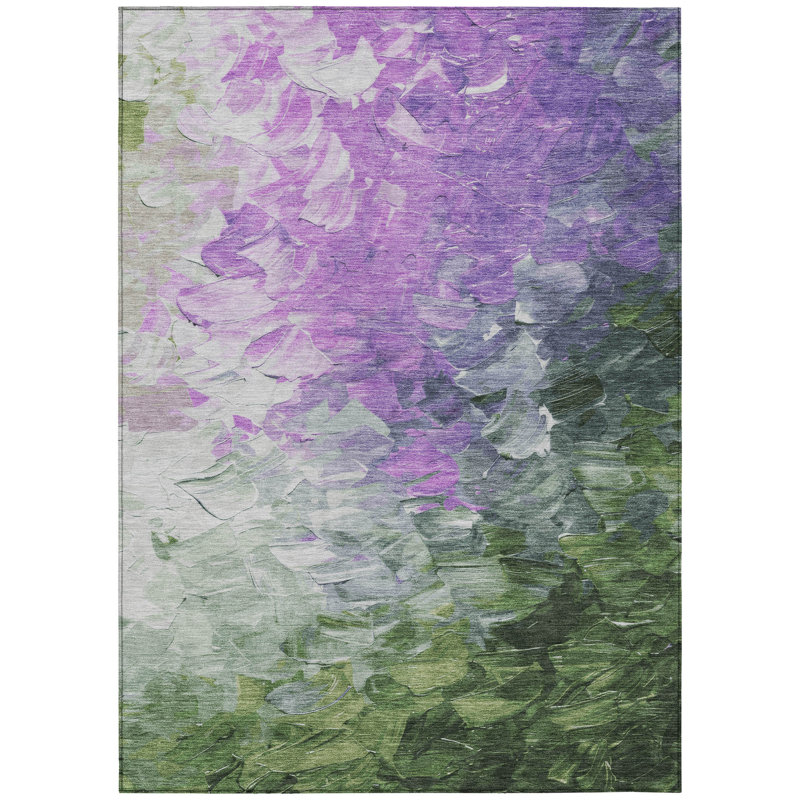 Tapis d'extérieur lavable abstrait vert olive et argenté 5 pi x 8 pi mauve