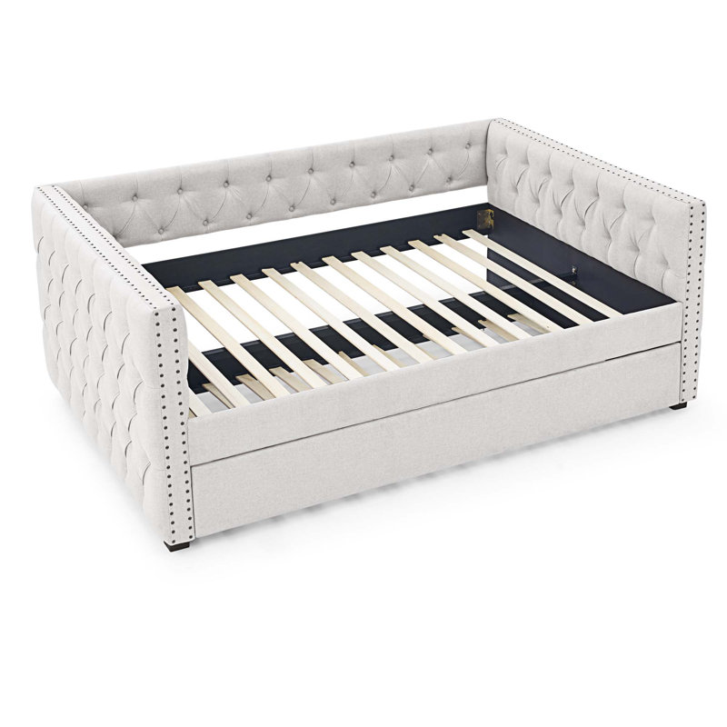 Lit de jour avec couchette rembourrée capitonnée, avec bouton et clou en cuivre, lit de jour double et gigogne simple, Beige