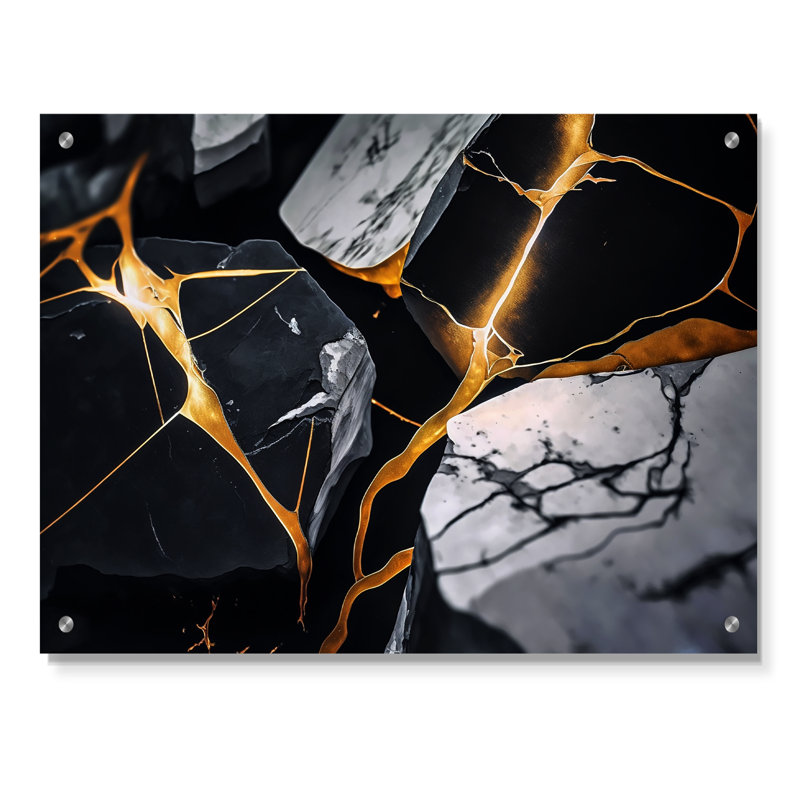 Abstract Geode Gold Marble II - Art mural acrylique abstrait en marbre pour la cuisine, H 16 po x l 32 po