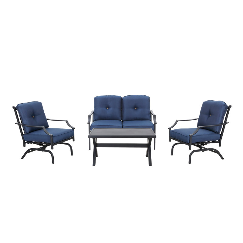 Ensemble de conversation d'extérieur en métal 4 pièces avec coussins bleus et table basse, Bleu