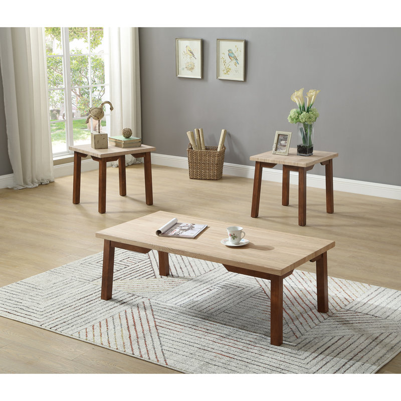 Ensemble de 3 tables basses et 2 tables de bout rectangulaires, Beige/brun