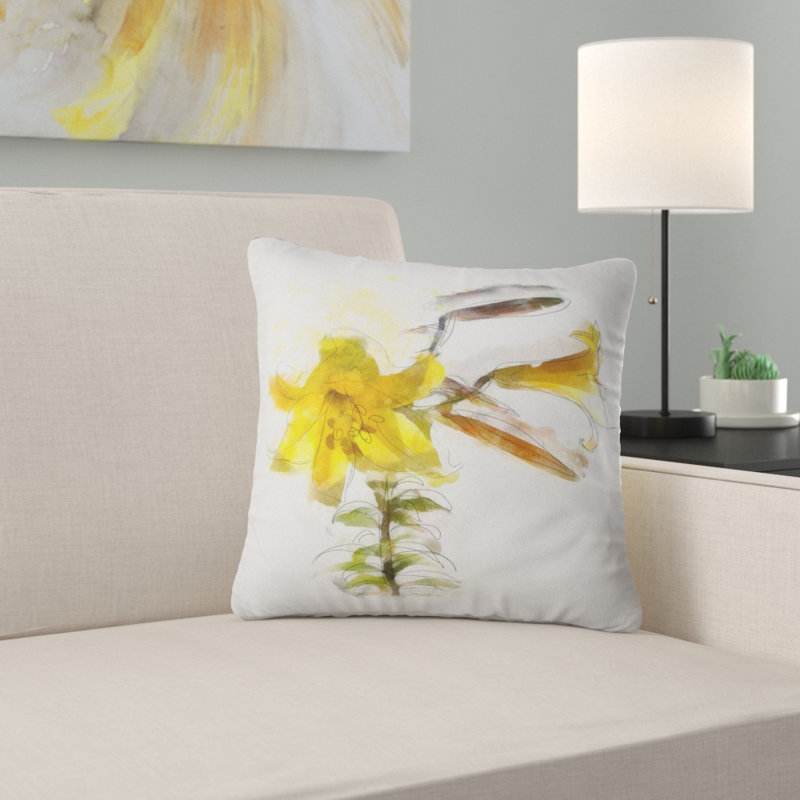 Tige de tulipe jaune avec feuilles - coussin à imprimé floral, 18 po x 18 po, Coussin décoratif