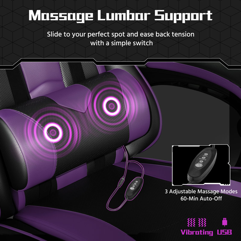 Fauteuil de jeu ergonomique avec coussin lombaire de massage, Noir / mauve