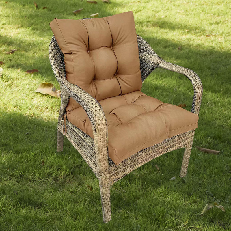 Outdoor Seat/Back Chair Tufted Cushion,All-Weather Patio Chair Cushion With Ties,For Patio Furniture, Light Coffee