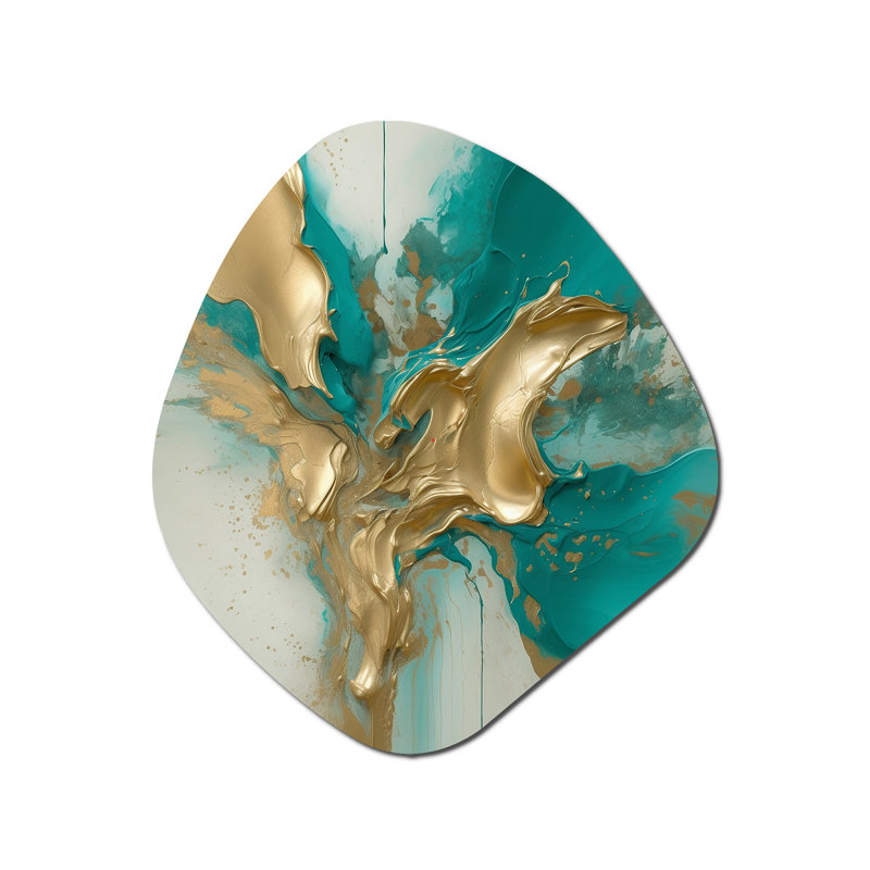 Encre fluide or et turquoise II - impression d'art asymétrique en métal, H 28 po x l 25 po