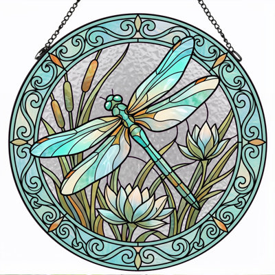 Dragonfly Pond Stained Glass Window Panel，12"H