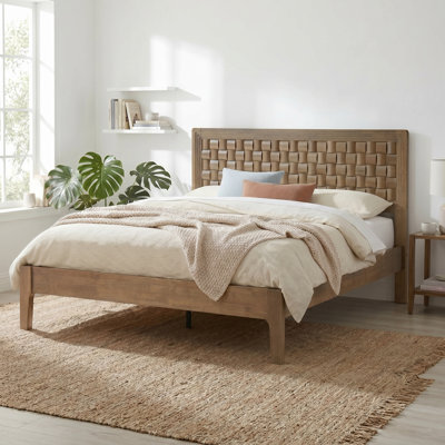 Squaro Modern Mid-Century Solid Wood Bed Frame with Woven Headboard - Queen Size in Chestnut Brown