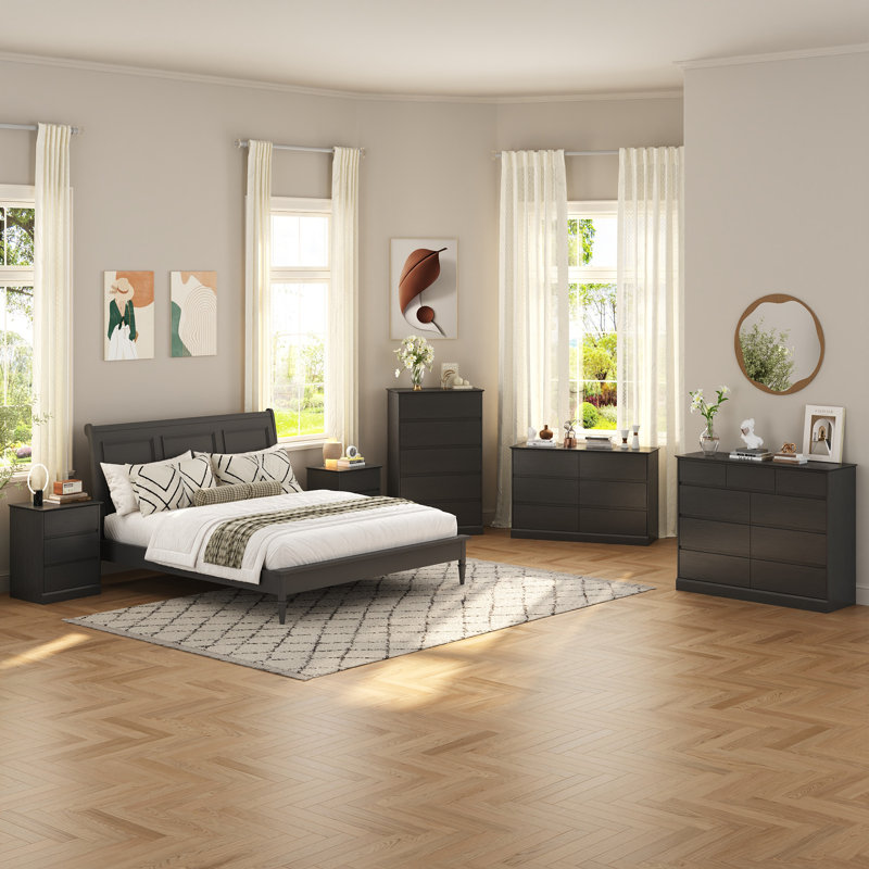 Ensemble de chambre à coucher 3 pièces Dornisha, commode double 6 tiroirs l 47,2 po et ensemble de tables de chevet 2 tiroirs avec station de charge