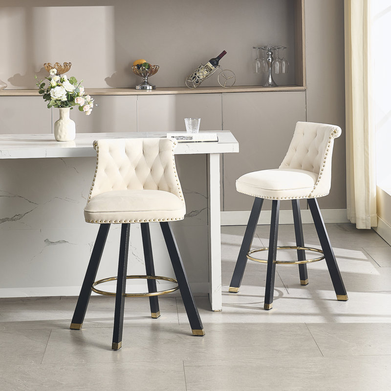 Set of 2,Back pull point design, velvet material, 360 degree rotation, back pull loop detachable design, rivet decoration, square foot wooden bar chair
