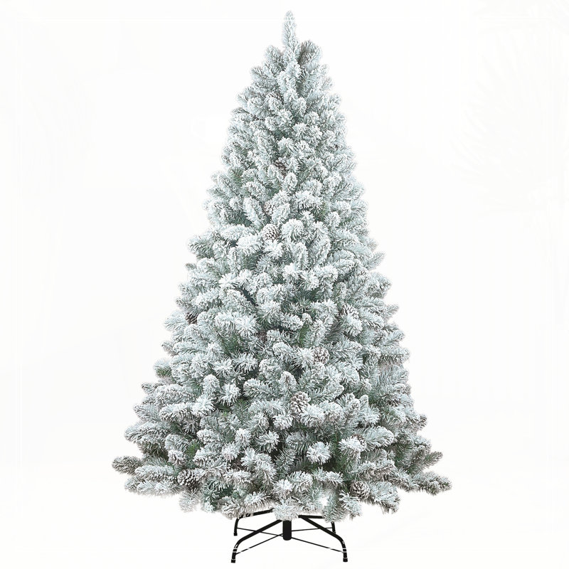 Arbre de Noël enneigé 7 pi avec pommes de pin - Arbre de Noël artificiel en PVC enneigé, 1124 pointes, 45 pommes de pin naturelles, support en métal robuste