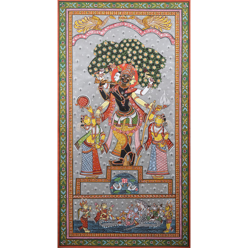 Cosmic Krishna as Brahma Vishnu Mahesh Pattachitra, peinture sur toile par Purna Chandra, H 40 po x l 22 po, décoration murale Odisha