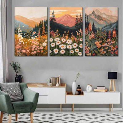 3 Pcs Boho Daisy Mountain Canvas Wall Art Abstract Flower Wildflower Sunset Paintings Pictures Wall Decor Colorful Floral Botanical Landscape Poster Print Artwork For Living Room Bedroom Home Decor