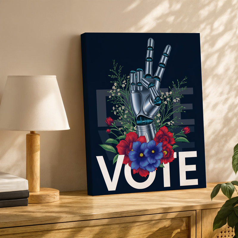 La toile crée une illustration avec une main stylisée faisant un signe d'art de la paix rendu dans un style métallique élégant avec un art mural sur toile complexe