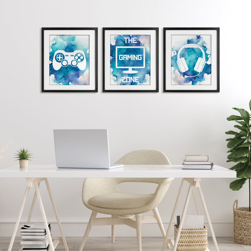 «Blue Gamer Splatters», ensemble de 3 impressions encadrées sous verre, conception de Marcus Prime, H 16 po x l 13 po
