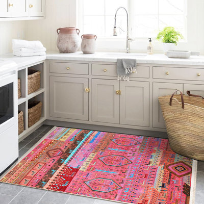 Barcelona Collection Pink-Toned Deer and Floral Motif Patterned Vintage Decorative Rug