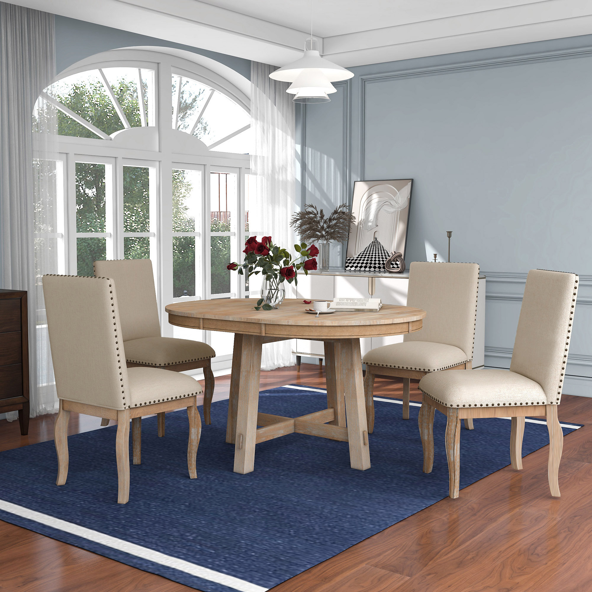 Wood round extendable best sale dining table and chairs