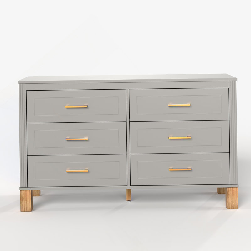 Commode 6 tiroirs, commode de rangement moderne avec poignées en métal et pieds en bois massif, Gris
