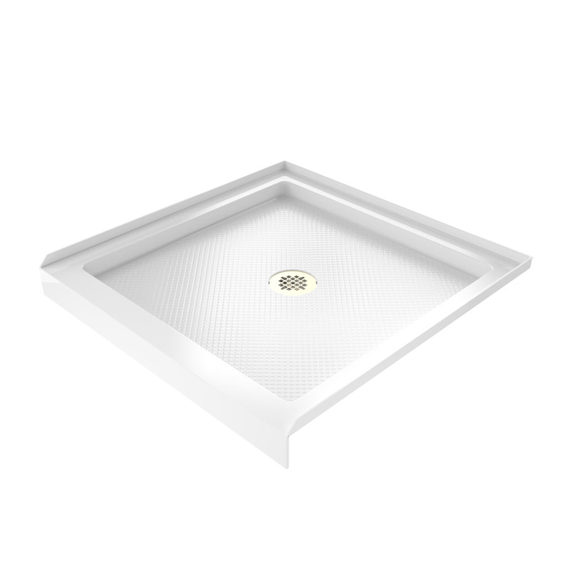 DreamLine SlimLine 36 inch D x 36 inch W x 2 3/4 inch H Single Threshold White Alcove Shower Base with 2 inch Brushed Brass Center Round Drain