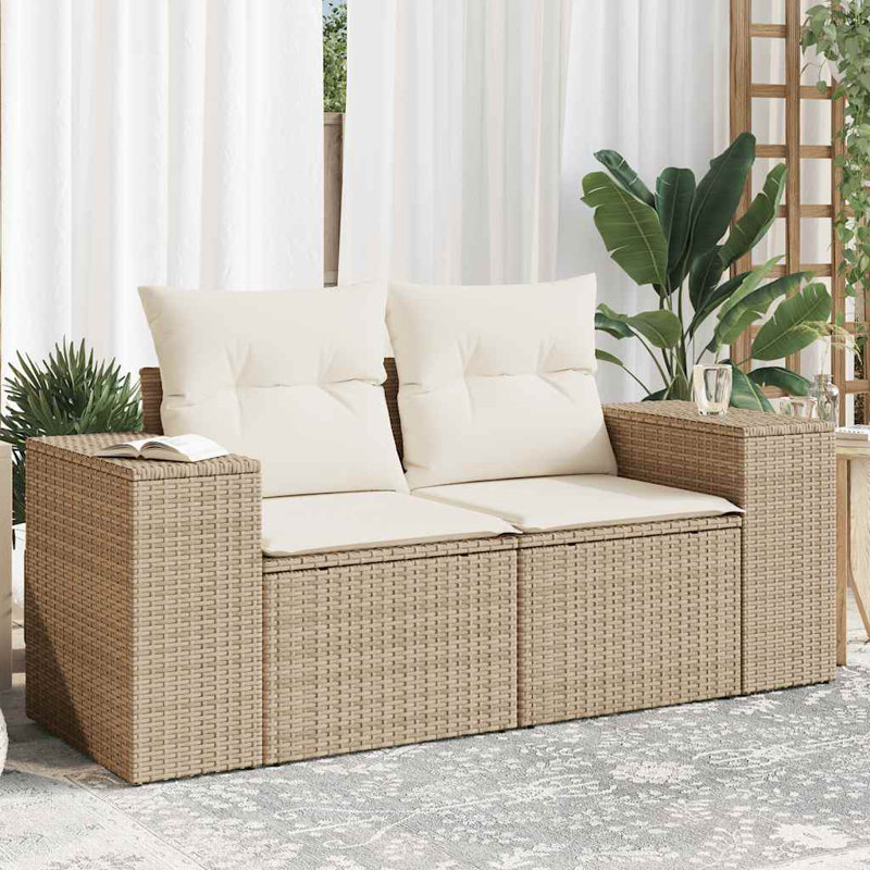 Grand canapé de jardin modulaire en rotin de polyester beige, Beige, Blanc