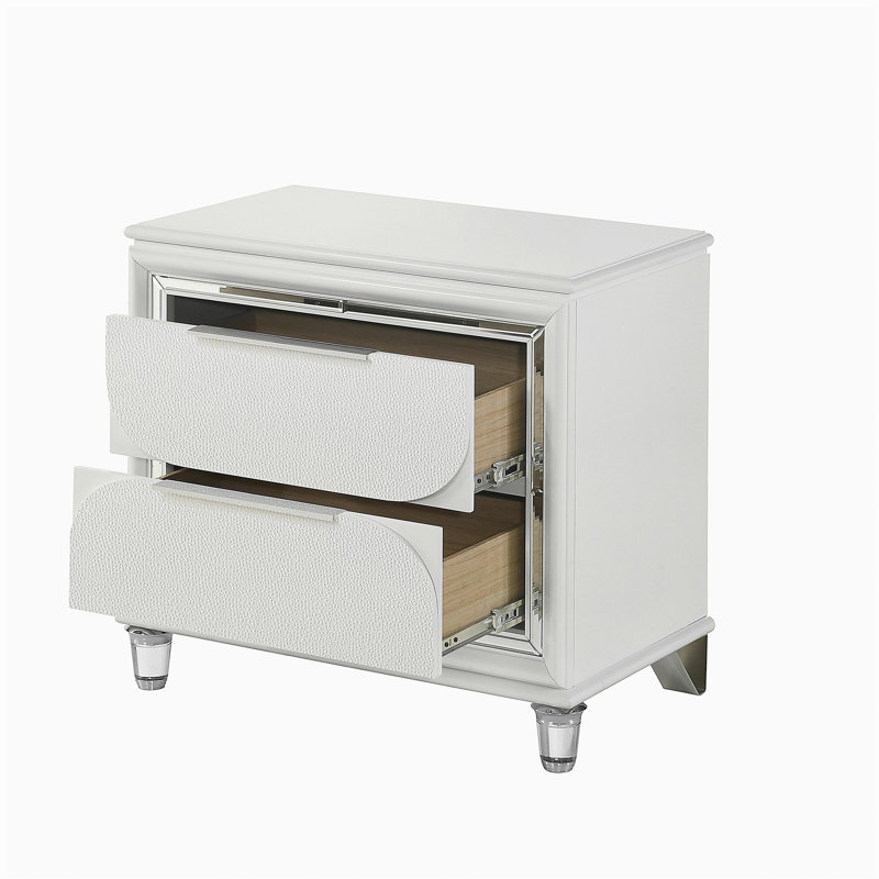 Table de chevet 2 tiroirs Pearl White avec pieds en cristal acrylique