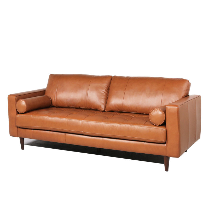 Cuir cognac 3 style Mid-Century avec siège et dossier, pieds en bois massif