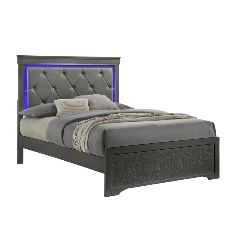 Mylhana Upholstered Standard Bedroom Set, Gray, Queen, 4 Pcs: Bed, Dresser, Nightstand, Mirror