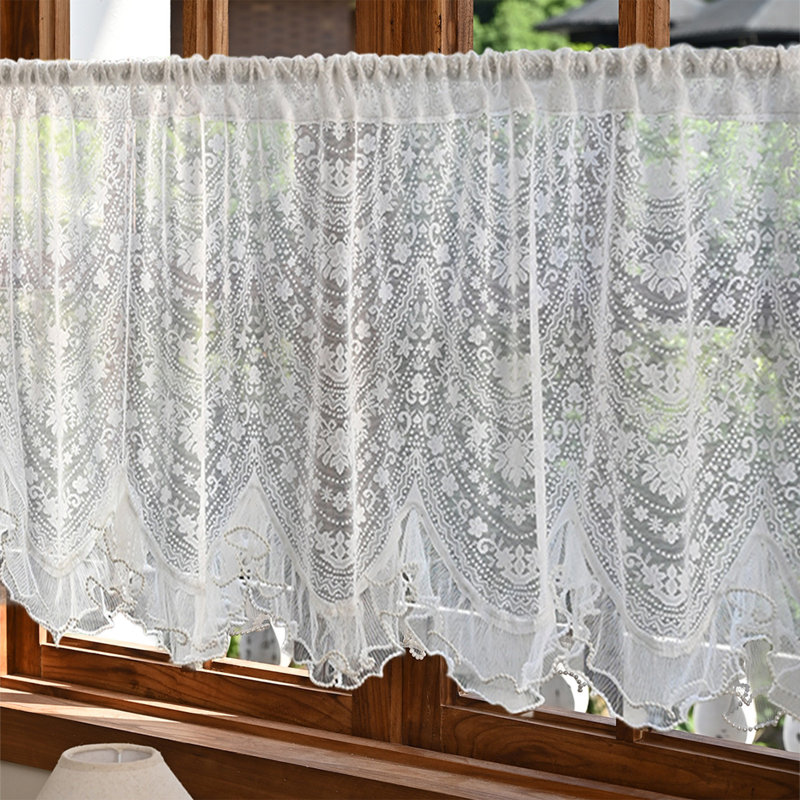 Rideau en dentelle arquée en mousseline semi-diaphane avec broderie avec passe-tringle pour portes et fenêtres, A