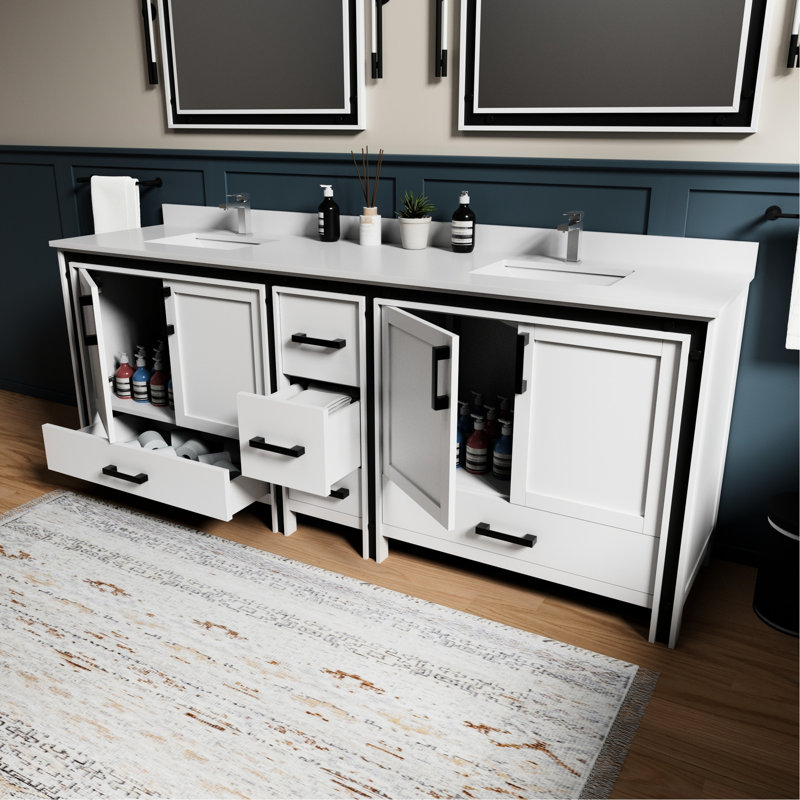 84 po L x P 22 po. Meuble-lavabo double blanc - structure en bois massif, comptoir en quartz, fermeture en douceur, surface à gratter et teinture, 2 armoires et 5 tiroirs pour le rangement, robinet pré-percé de l 84 po x P 22 po