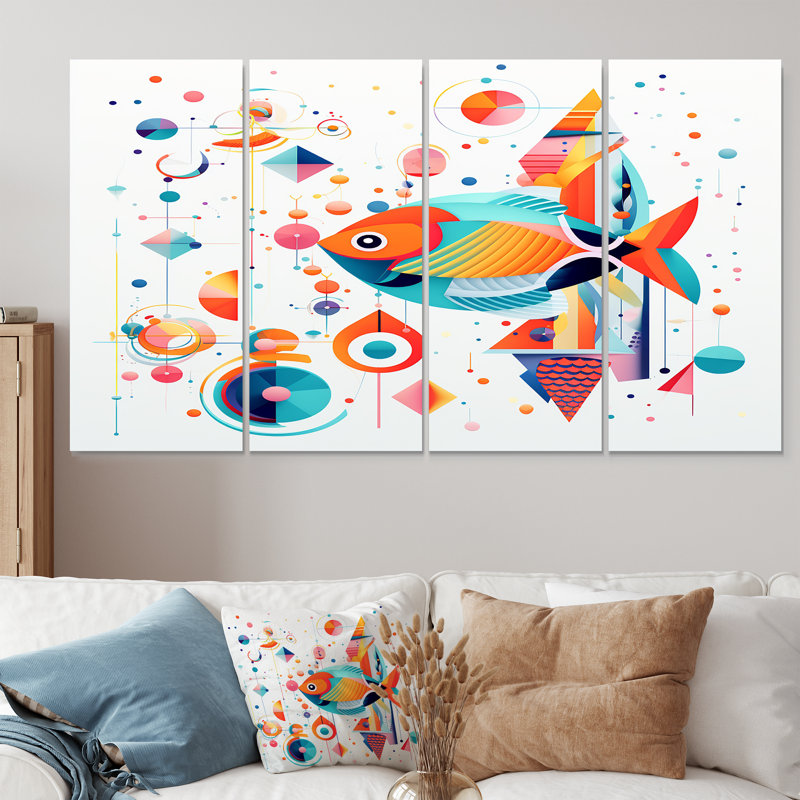 Poisson rouge coloré nageant dans la nature - poisson, ensemble d'art mural 4 pièces, H 28 po x l 48 po
