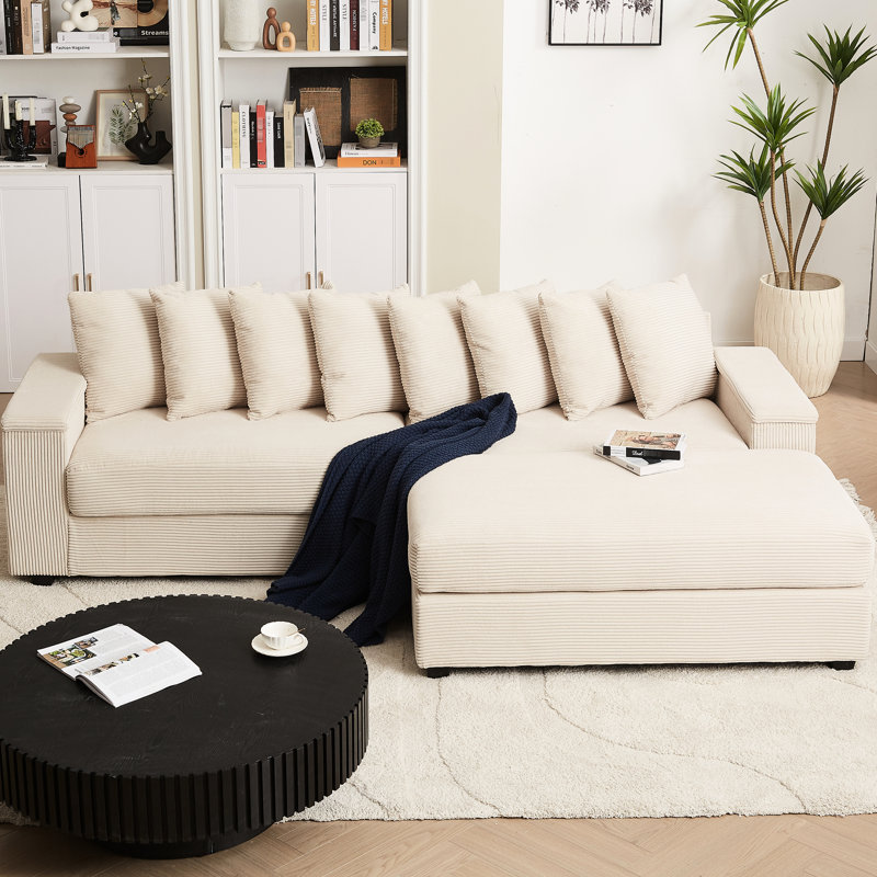 Élégant canapé modulaire en forme de L avec méridienne, revêtement en velours côtelé, 8 coussins et accoudoirs pour le confort de la chambre à coucher