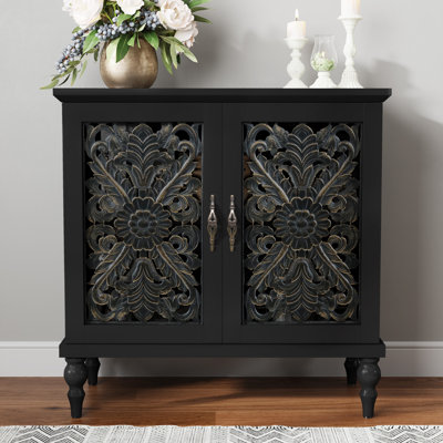 2-Door Accent Cabinet Hollow Floral Carving Craftsmanship by Winston Porter