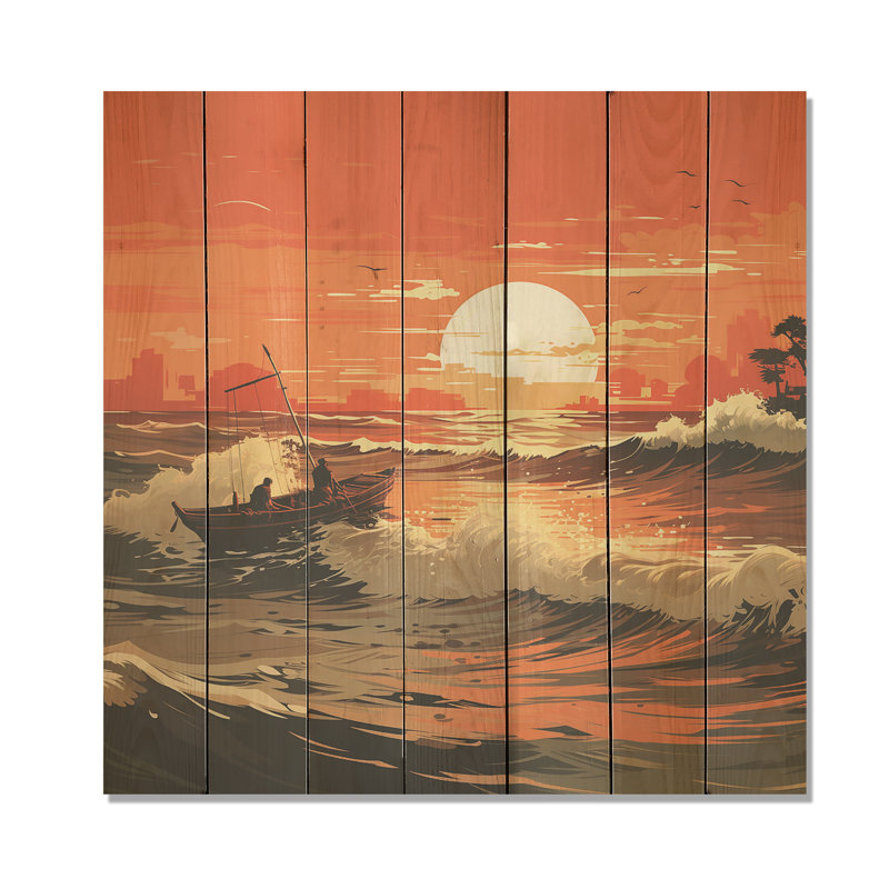 Tangerine Skies Ocean Waves II - Coucher de soleil côtier sur bois, H 25 po x l 25 po