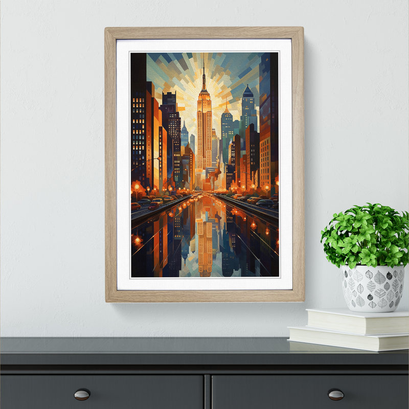 New York Deco - Single Picture Frame Print on Wood, Oak , 46cm H x 34cm W x 2cm D