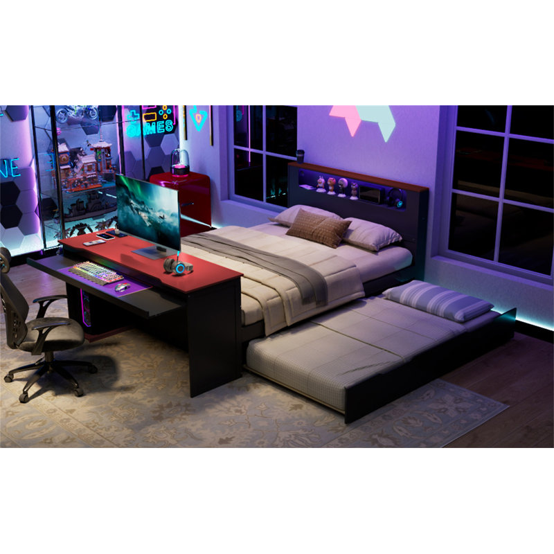 Full Size Wood Daybed With Twin Size Trundle,Desk,LED Light And USB, Black/Red