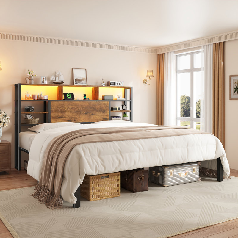 Bed with Storage Headboard, RGB LED Lights & USB Charging - Multi-Tier Shelves, Full/Queen/King, Q, brown
