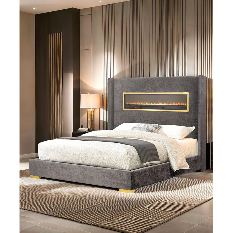 Magnifique lit plateforme tapissier en tissu de style contemporain de style oriental gris avec 1 lit de très grande taille