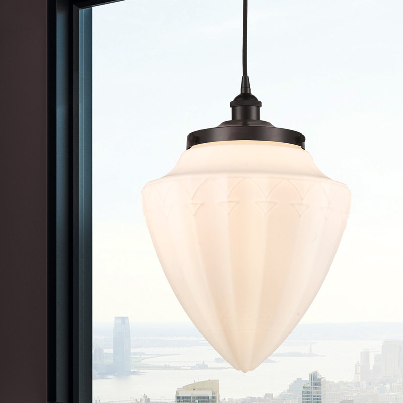 Luminaire suspendu simple en forme d'urne à 1 lumière Lakashia, H 16,75 po x l 12 po x P 12 po, Blanc mat, Bronze huilé